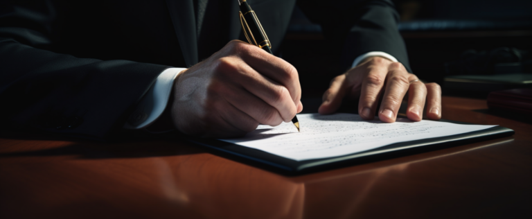 a dental contracts lawyer signing an important document